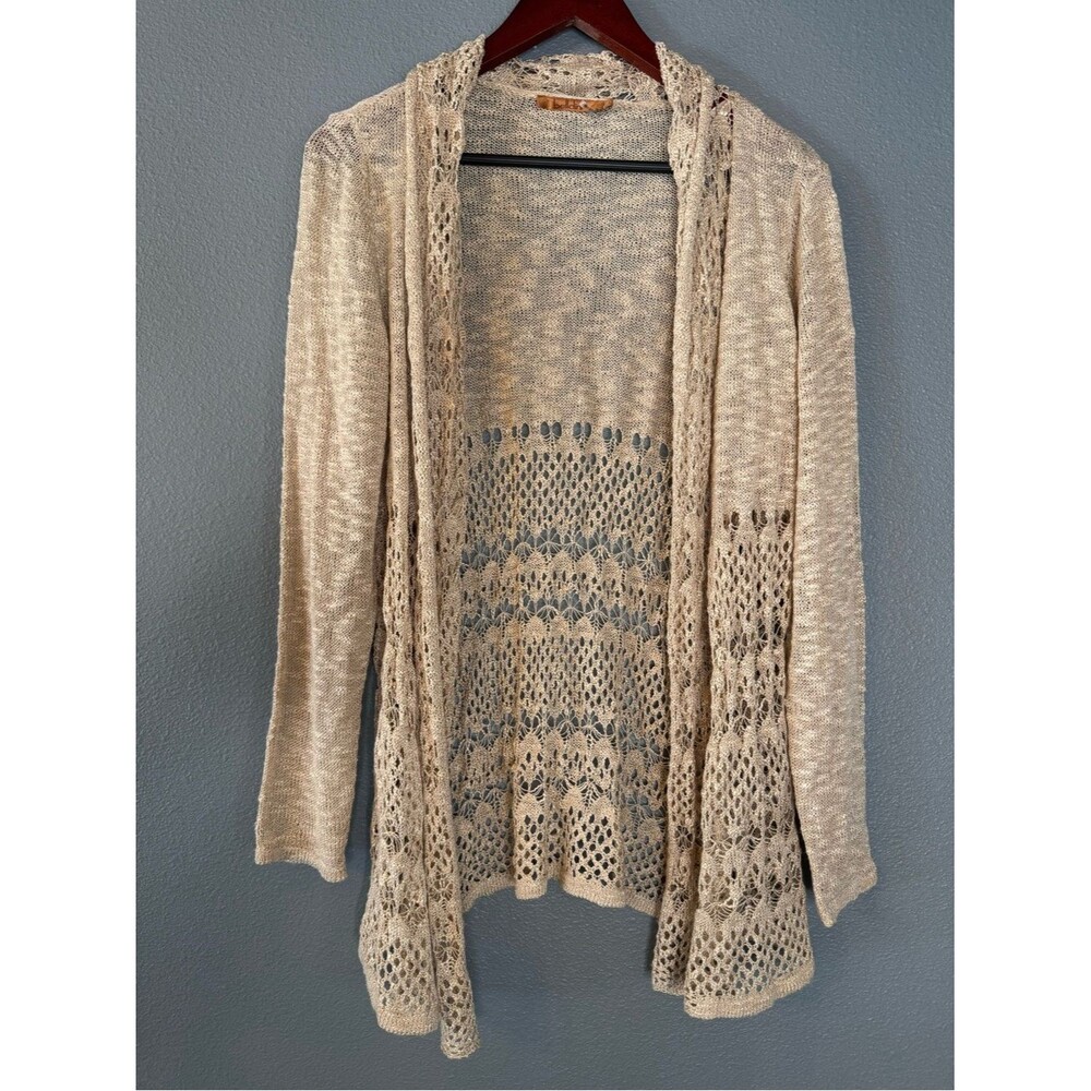 Belldini Womens L Beige Oatmeal Crochet Knit Open Front Boho Cardigan Sweater